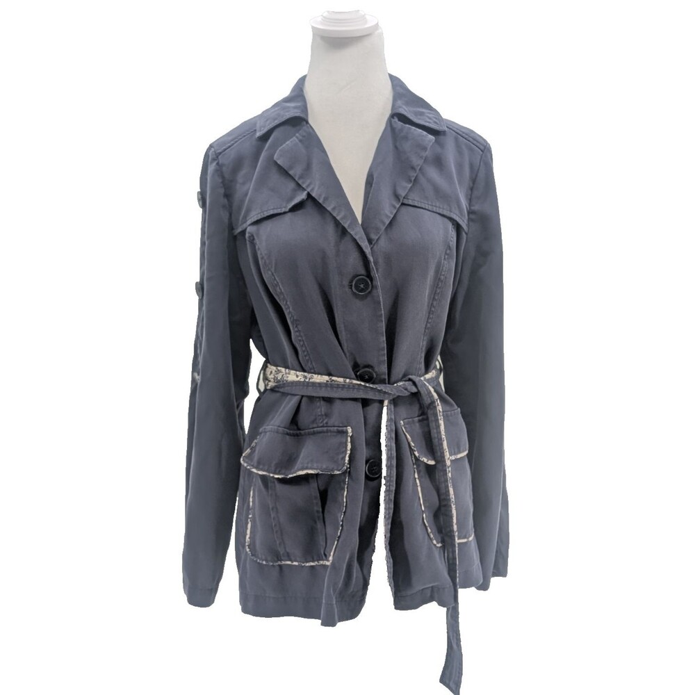 Laurie Felt Navy Blue Floral Trim Belted Button Up Collared Jacket Size S/M